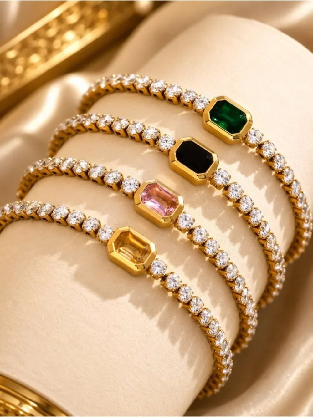 Gold tone Tennis Bracelet with Emerald Green Stone